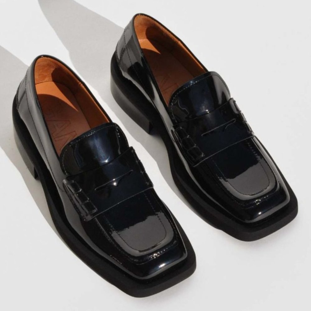 Ganni patent-leather square toe loafer (NWB)